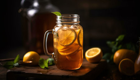 A mason jar filled with iced tea, lemon slices, and mint. The drink is refreshing and perfect for a...