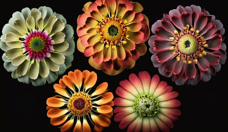 Five vibrant Zinnia flowers in various colors, a captivating display of nature's artistry