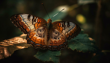 Close-up shot of a stunning orange butterfly perched on a leaf in a dimly lit forest environment.の写真素材