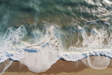 Stunning aerial shot of ocean waves breaking on a sandy beach. The contrast of the white foam and...