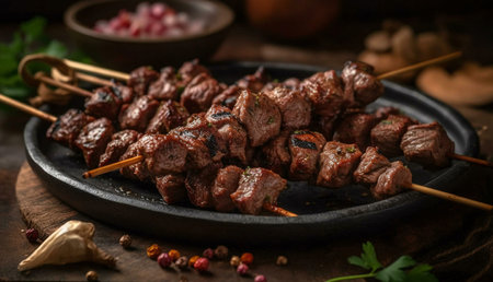 Succulent grilled beef skewers, seasoned perfectly, served on a rustic plate. A delightful culinary experience.の写真素材