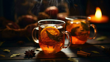 Two mugs of steaming hot tea with lemon and spices. Cozy autumn scene with candlelight.の写真素材