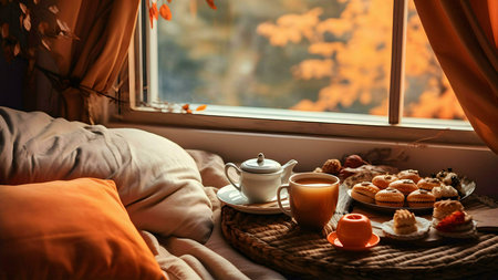 A cozy autumn morning scene with tea, pastries, and a beautiful window view. Perfect for relaxation and enjoying the season's warmth.の写真素材