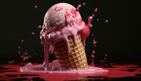 A melting strawberry ice cream cone in a dramatic studio shot. Pink ice cream drips onto a dark...
