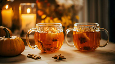 Two mugs of warm pumpkin spice tea sit on a wooden table, surrounded by pumpkins and candles,...