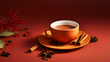 A warm cup of cocoa with cinnamon sticks and star anise, set against a red background with autumnal decorations.の写真素材