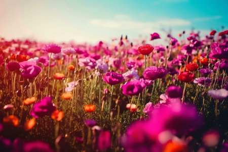 A breathtaking view of a field bursting with pink and purple flowers bathed in the warm glow of...