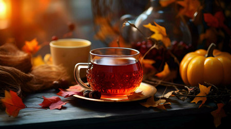 A steaming cup of tea sits amidst autumn leaves, pumpkins, and warm lighting, creating a cozy fall scene.の写真素材