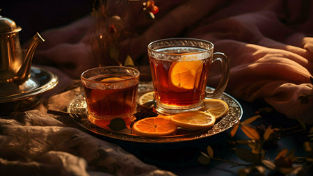 Two cups of tea with lemon and spice on a golden tray. Cozy autumn vibes.