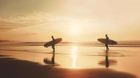 Two surfers walk along a beach at sunset, their silhouettes mirrored in the golden water. Peaceful and serene scene.の写真素材
