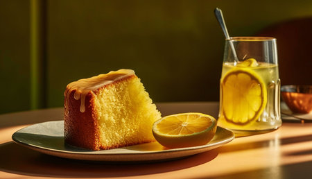 A delightful slice of lemon cake, glistening with glaze, served alongside a glass of refreshing...