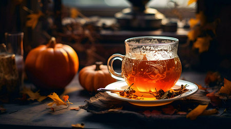A warm cup of tea sits amidst pumpkins and autumn leaves, creating a cozy fall scene.の写真素材