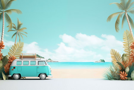 A teal retro van parked near a beautiful tropical beach. Palm trees and a clear blue ocean create a serene summer vacation scene.の写真素材
