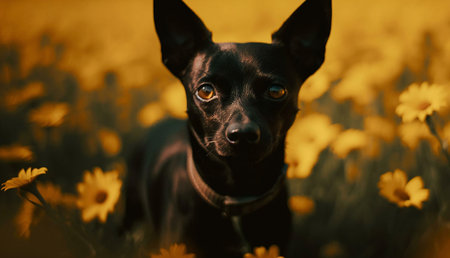 A captivating close-up of a small black dog amidst a vibrant yellow flower field. Its dark fur...
