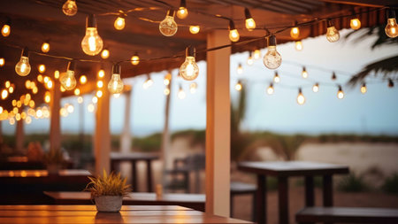 String lights illuminate a romantic beachside restaurant at dusk. Perfect ambiance for a summer evening.の写真素材