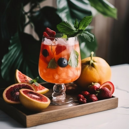A delicious summer cocktail in a glass, garnished with fresh berries and mint. Served alongside...