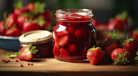 A rustic still life showcasing a jar of homemade strawberry preserves, surrounded by fresh strawberries. The image evokes a sense of summer and home-cooked goodness.の写真素材