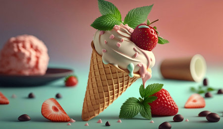 A delicious-looking strawberry ice cream cone melts on a teal surface, surrounded by chocolate and...