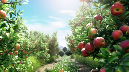 A stunning view of a sun-drenched apple orchard. Rows of apple trees heavy with ripe red apples line...