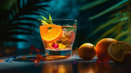 A vibrant cocktail with orange slices and ice in a rocks glass, surrounded by tropical leaves....