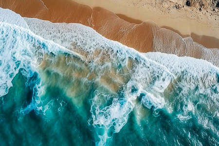 Stunning aerial shot of waves breaking on a sandy beach. Turquoise water meets golden sand.