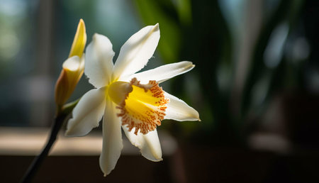 Stunning close-up of a white orchid in soft sunlight. The delicate petals and vibrant colors create...