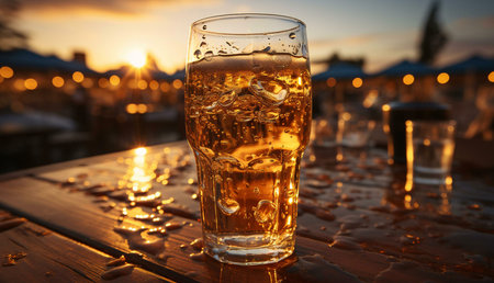 A glass of golden beer on a wooden table at sunset. The scene is peaceful and inviting.の写真素材