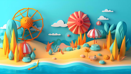 A cheerful low-poly 3D illustration of a summer beach paradise.