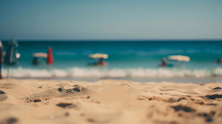 Relaxing summer beach scene. Soft focus on the sand, ocean and distant people enjoying a beach day.の写真素材