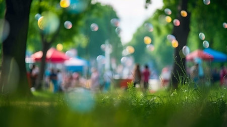 Blurred image of a park festival filled with bubbles, suggesting a happy and fun atmosphereの写真素材
