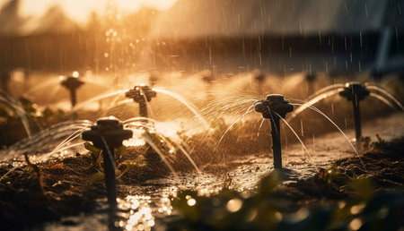 Close-up of sprinklers irrigating a field during sunset. Golden hour light illuminates the scene.の写真素材