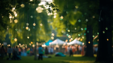 String lights illuminate a lively outdoor festival amidst lush trees. A warm and enchanting...