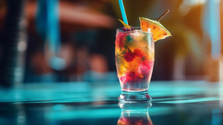 A vibrant summer cocktail garnished with fruit, served by the pool. Perfect for a hot day!の写真素材