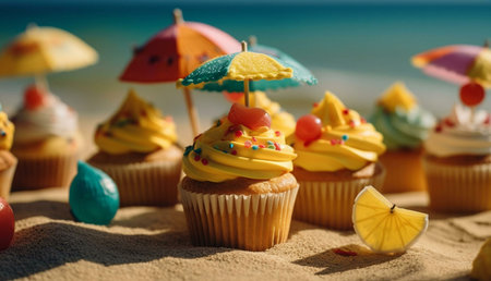 Adorable yellow cupcakes on a sandy beach, decorated with tiny umbrellas and candies. Perfect summer treat!の写真素材