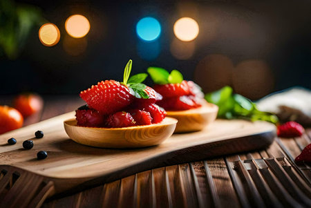 Two delectable strawberry bruschetta on wooden board. A perfect summer appetizer or dessert.の写真素材
