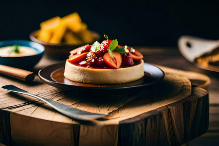 Close-up of a creamy cheesecake topped with fresh berries, presented on a rustic wooden table. A...