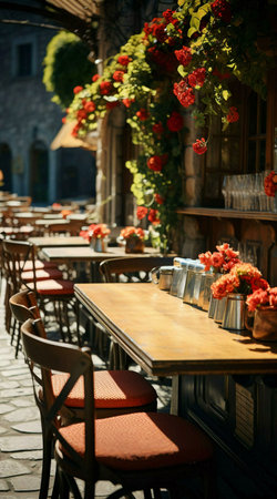 A picturesque outdoor cafe scene in a charming European city, with red flowers adding to the inviting ambiance.の写真素材