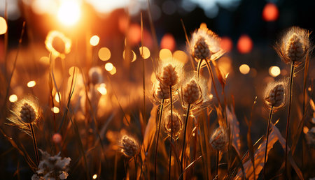 Sunlit meadow at sunset. Golden hour light illuminates the wildflowers and grasses.