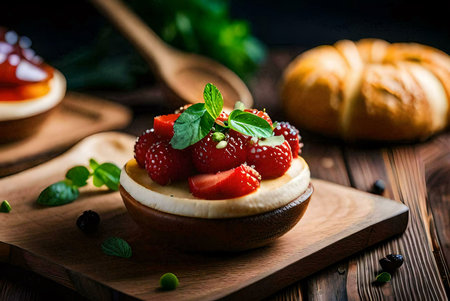 Close-up of a delectable raspberry cheesecake, topped with fresh mint on a rustic wooden surface.