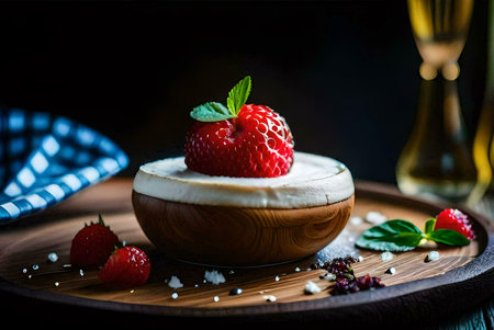 A close-up shot of a delectable strawberry dessert served in a rustic wooden bowl. The vibrant red strawberries are beautifully presented against a dark backdrop.の写真素材