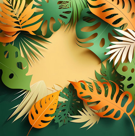 Paper cut tropical leaves forming a vibrant frame. Summer theme. Perfect for decoration.