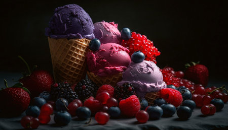 A tempting image of three ice cream cones filled with different berry flavors, surrounded by fresh...