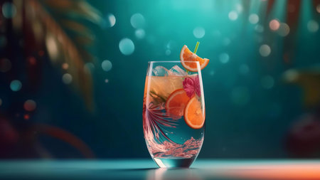 A vibrant summer cocktail in a glass, garnished with orange slices and ice. Tropical background.