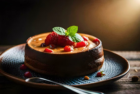 A luscious cheesecake topped with fresh strawberries and mint. The warm lighting enhances its rich texture and vibrant colors.の写真素材