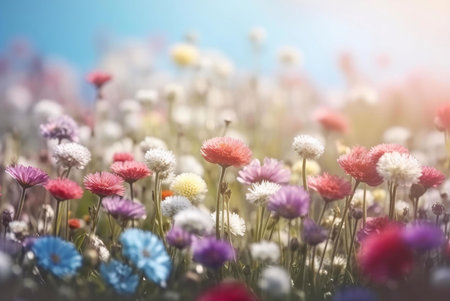 A field of colorful wildflowers basking in the summer sun. Delicate petals and vibrant hues create a stunning natural scene.の写真素材