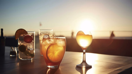 Three refreshing cocktails at sunset. Enjoy the golden hour with friends.