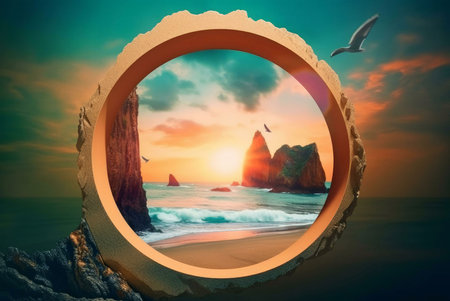 A surreal image of a sunset over a tranquil ocean, framed by a large stone circle. Birds fly above...