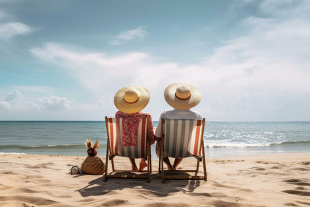 A serene beach scene with a couple in deck chairs, enjoying the summer sun.の写真素材