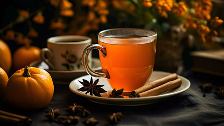 A steaming mug of pumpkin spice tea, cinnamon sticks, and star anise. Perfect for a cozy autumn...