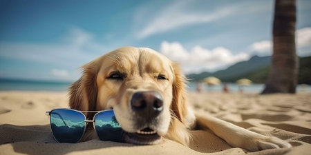 A golden retriever dog wearing sunglasses lies on a sandy beach, enjoying a sunny day. It looks happy and relaxed.の写真素材